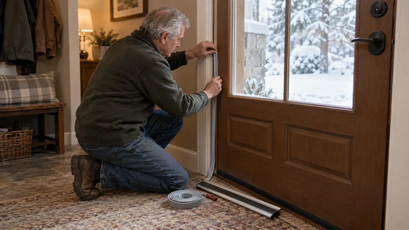 Man kneeling by a front door applying weatherstripping, with a door sweep on the floor and snow outside