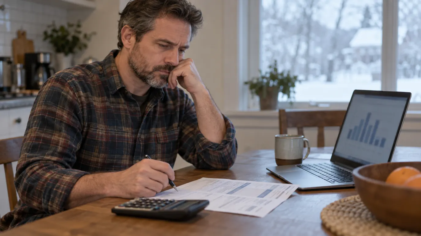 Man at a kitchen table with a calculator, a printed utility bill and a laptop, looking thoughtful