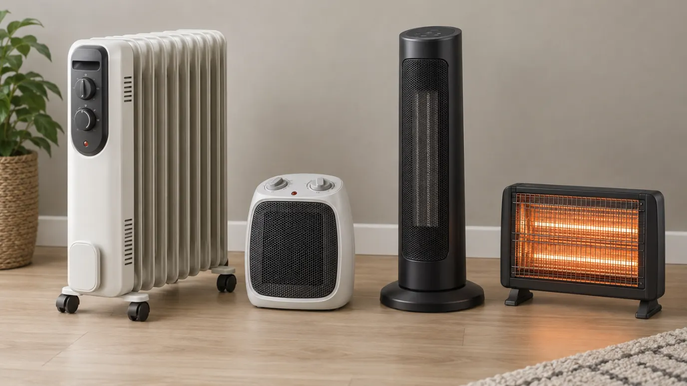 An oil-filled radiator, a ceramic fan heater, a tower heater and an infrared heater side by side on a wooden floor