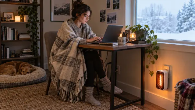 Young woman wrapped in a blanket working at a laptop with a small plug-in heater glowing near her feet