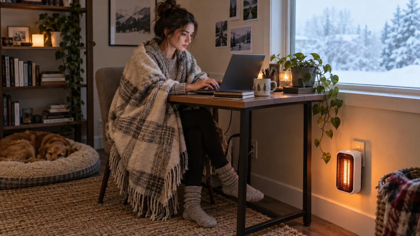 Young woman wrapped in a blanket working at a laptop with a small plug-in heater glowing near her feet
