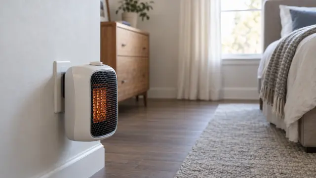 Small white plug-in heater plugged directly into a bedroom wall outlet with clear space around it