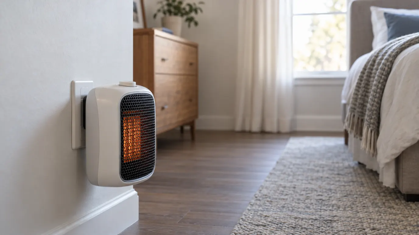 Small white plug-in heater plugged directly into a bedroom wall outlet with clear space around it