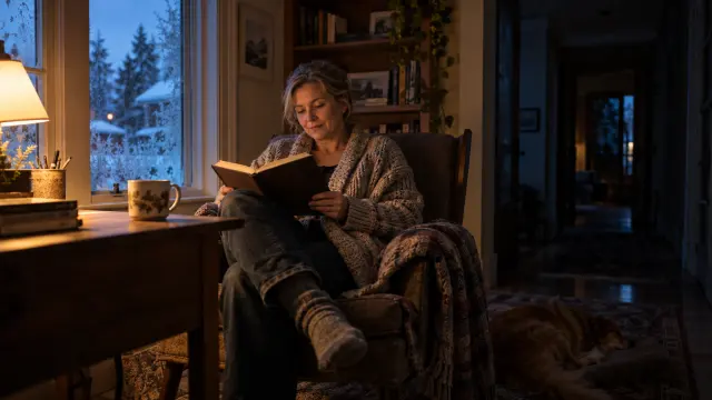 Woman in a cardigan reading in a warmly lit home office on a winter evening while the hallway behind her is dark